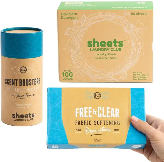 Main image of Bundle - 50 Pack (up to 100 loads) Fresh Linen Detergent Sheets, 40 Pack Free & Clear Dryer Sheets & 8 Oz. Uncharted Waters Scent Booster - New Liquidless Technology