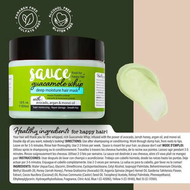 Alt view image 7 of 7 - Deep Conditioning Hair Mask for Dry Damaged Hair, Guacamole Whip (12 Fl Oz) Frizz Control with Avocado, Jarrah Honey, Monoi & Argan Oil