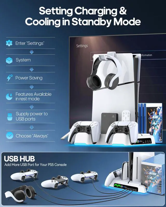 Alt view image 6 of 7 - Cooling Stand for PS5/ Slim/Pro Disc & Digital Console, PS5 Cooling Station with Dual Controller Charging Station for PlayStation 5 Console, P S5 Accessories Stand with AUTO Adjustable Fan