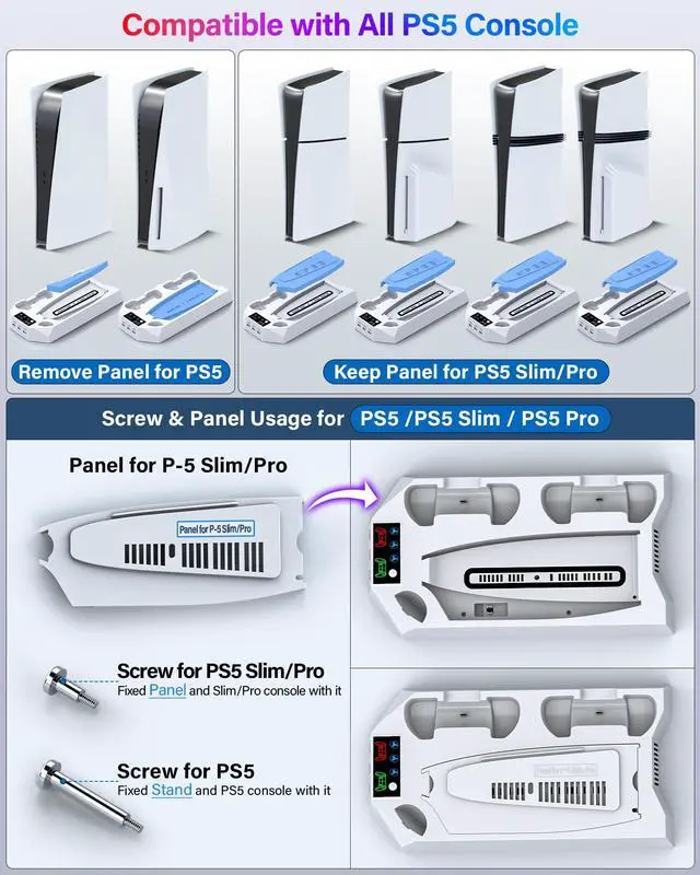 Alt view image 2 of 7 - PS5/PS5 Slim/PS5 Pro Stand and Cooling Station with Dual Controller Charging Station for PlayStation 5 Console, PS5 Accessories Incl. Controller Charger, Cooling Fan, Headset Holder, 3 USB Hub, White