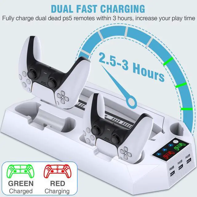 Alt view image 4 of 7 - PS5/PS5 Slim/PS5 Pro Stand and Cooling Station with Dual Controller Charging Station for PlayStation 5 Console, PS5 Accessories Incl. Controller Charger, Cooling Fan, Headset Holder, 3 USB Hub, White