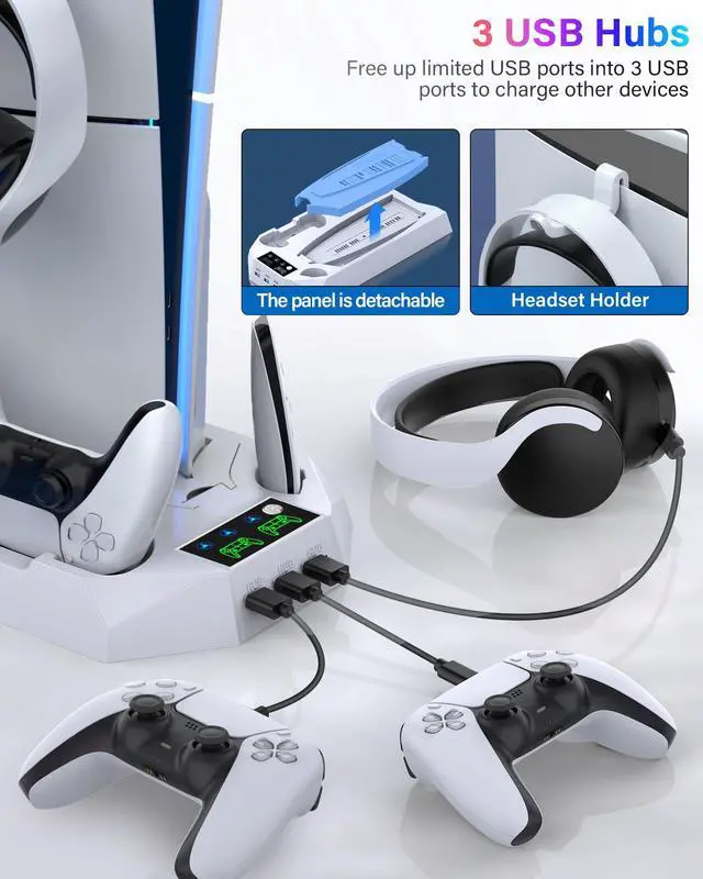 Alt view image 5 of 7 - PS5/PS5 Slim/PS5 Pro Stand and Cooling Station with Dual Controller Charging Station for PlayStation 5 Console, PS5 Accessories Incl. Controller Charger, Cooling Fan, Headset Holder, 3 USB Hub, White