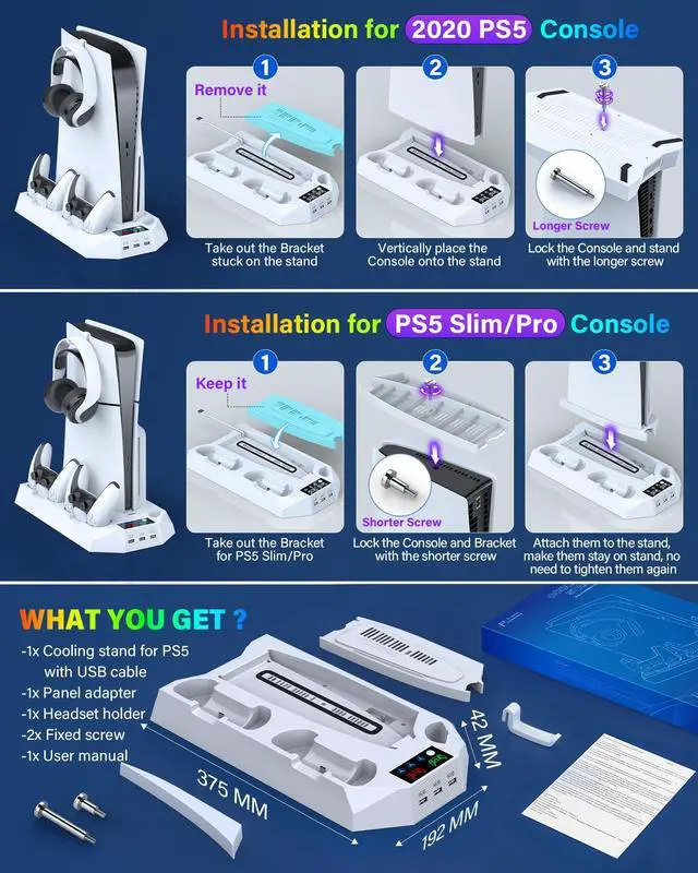 Alt view image 6 of 7 - PS5/PS5 Slim/PS5 Pro Stand and Cooling Station with Dual Controller Charging Station for PlayStation 5 Console, PS5 Accessories Incl. Controller Charger, Cooling Fan, Headset Holder, 3 USB Hub, White