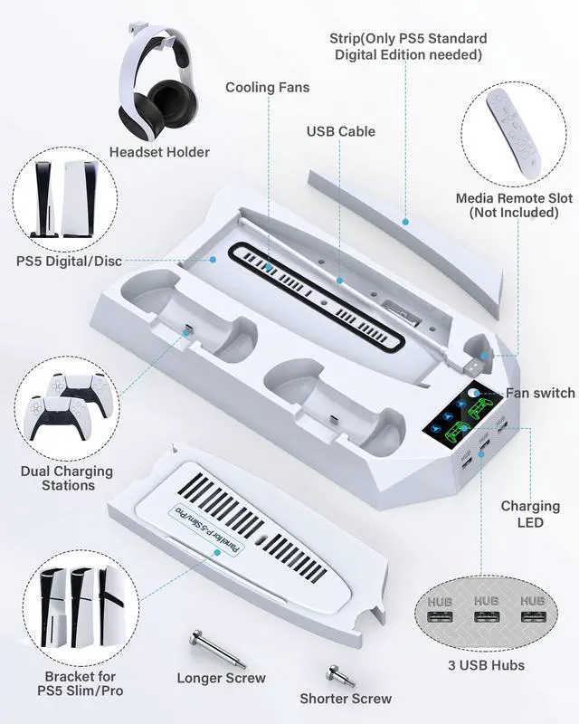 Alt view image 7 of 7 - PS5/PS5 Slim/PS5 Pro Stand and Cooling Station with Dual Controller Charging Station for PlayStation 5 Console, PS5 Accessories Incl. Controller Charger, Cooling Fan, Headset Holder, 3 USB Hub, White