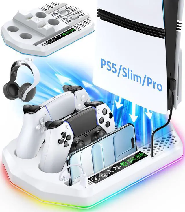 Main image of Cooling Station with Controller Charger for PS5/Slim/Pro, PlayStation 5 Vertical Stand for Disc & Digital Console, Dual PS 5 Controller Charging Station with 3 Level Cooling PlayStation 4 Chargers