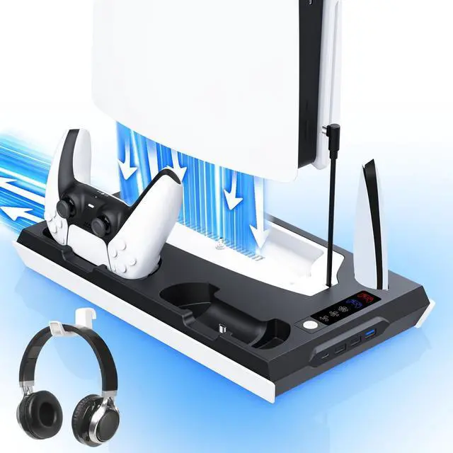 Main image of PS5 / PS5 Slim Cooling Station with Dual Controller Charging Station, PS 5 Cooling Stand for PlayStation 5 Console, Headset Holder/ PS 5 Cooling Fan/4 USB Hub All in One Accessories Organizer, Black