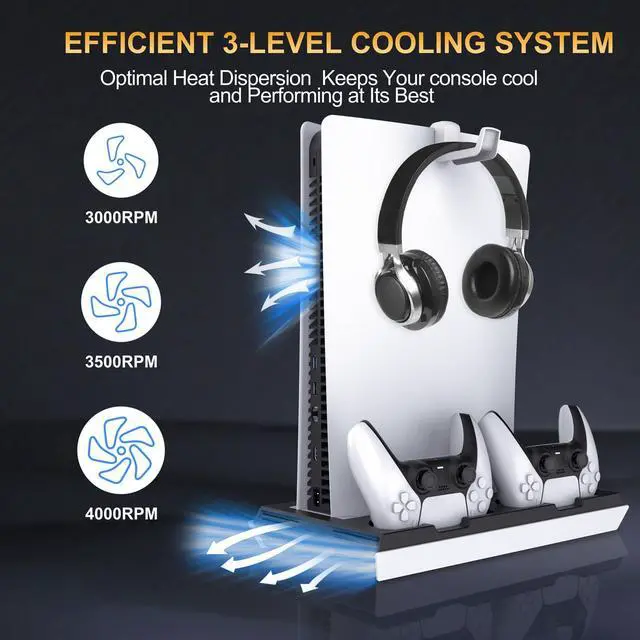 Alt view image 3 of 6 - PS5 / PS5 Slim Cooling Station with Dual Controller Charging Station, PS 5 Cooling Stand for PlayStation 5 Console, Headset Holder/ PS 5 Cooling Fan/4 USB Hub All in One Accessories Organizer, Black