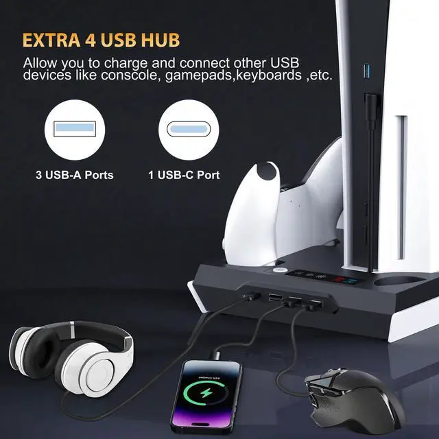 Alt view image 5 of 6 - PS5 / PS5 Slim Cooling Station with Dual Controller Charging Station, PS 5 Cooling Stand for PlayStation 5 Console, Headset Holder/ PS 5 Cooling Fan/4 USB Hub All in One Accessories Organizer, Black