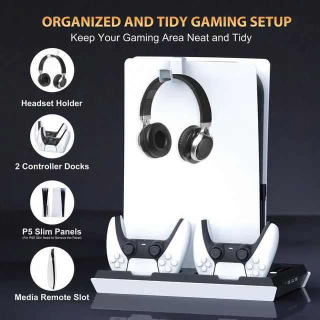 Alt view image 2 of 6 - PS5 / PS5 Slim Cooling Station with Dual Controller Charging Station, PS 5 Cooling Stand for PlayStation 5 Console, Headset Holder/ PS 5 Cooling Fan/4 USB Hub All in One Accessories Organizer, Black