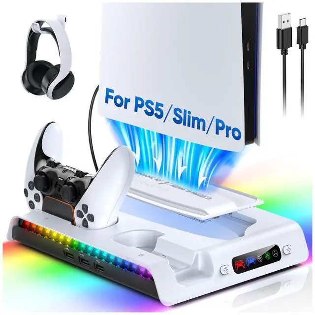 Main image of Charging Stand with Cooling Fan for PS5 Original/Slim/Pro, Dual Controller Charger Station with 9 RGB Lights, Headset Hook, 3 Cooler Fans and LED, Accessories Kit for PS5/Slim/Pro Console