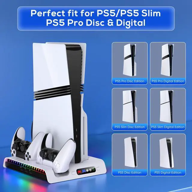 Alt view image 3 of 7 - Charging Stand with Cooling Fan for PS5 Original/Slim/Pro, Dual Controller Charger Station with 9 RGB Lights, Headset Hook, 3 Cooler Fans and LED, Accessories Kit for PS5/Slim/Pro Console