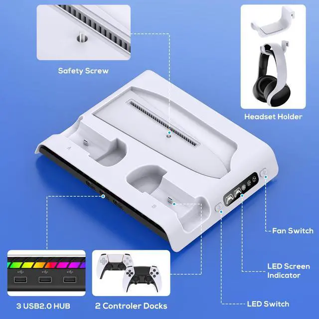 Alt view image 7 of 7 - Charging Stand with Cooling Fan for PS5 Original/Slim/Pro, Dual Controller Charger Station with 9 RGB Lights, Headset Hook, 3 Cooler Fans and LED, Accessories Kit for PS5/Slim/Pro Console
