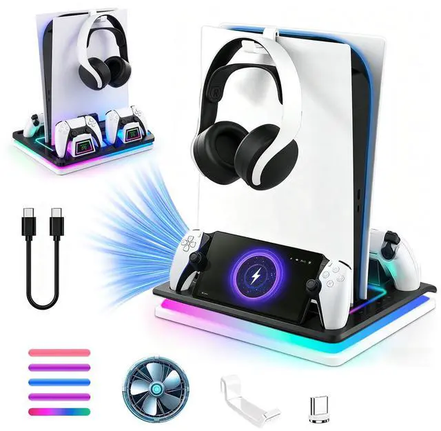 Main image of For Ps5 Cooling Stand Playstation 5 Accessories Ps5 Cooling Station with Charger Ps Portal Charging Dock Rgb Cooling Station for Ps5/Slim/Pro Disc & Digital Dual Controller Charging (White)