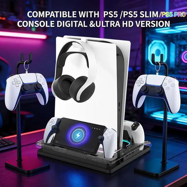 Alt view image 3 of 7 - For Ps5 Cooling Stand Playstation 5 Accessories Ps5 Cooling Station with Charger Ps Portal Charging Dock Rgb Cooling Station for Ps5/Slim/Pro Disc & Digital Dual Controller Charging (White)