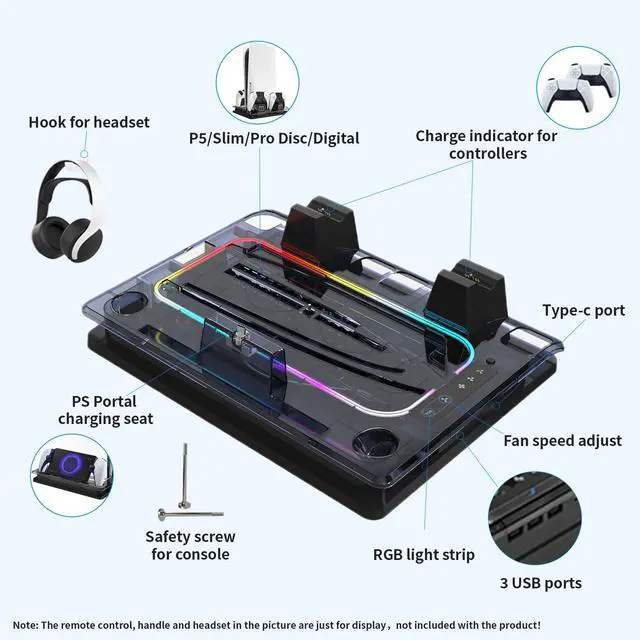 Alt view image 7 of 7 - Cooling Station And Console Stand for Ps5/Ps5 Slim/Ps5 Pro,Dual Controller Charging Dock with Rgb for Playstation 5,with PS Portal Charger,Headset & Holder Charging Ports