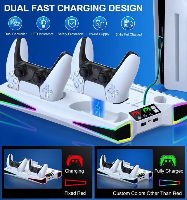 Alt view image 4 of 7 - PS5 Stand, PS5/Slim/Pro Cooling Station with 2.36in Cooling Fan, Controller Charger Station for PS5 Accessories, RGB Light, Headset Holder, 3 Charger Ports for PlayStation 5 Slim/Pro Console