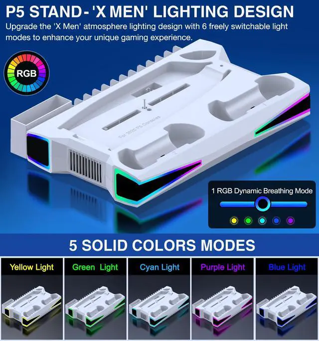Alt view image 5 of 7 - PS5 Stand, PS5/Slim/Pro Cooling Station with 2.36in Cooling Fan, Controller Charger Station for PS5 Accessories, RGB Light, Headset Holder, 3 Charger Ports for PlayStation 5 Slim/Pro Console