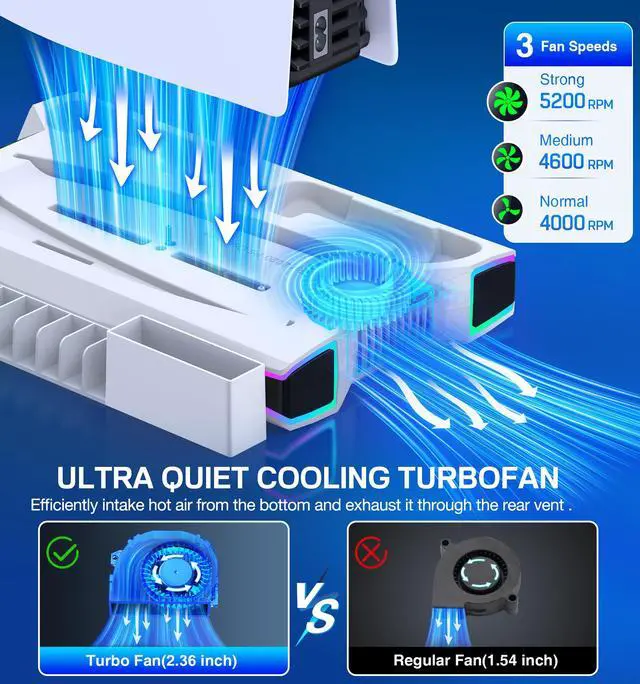 Alt view image 2 of 7 - PS5 Stand, PS5/Slim/Pro Cooling Station with 2.36in Cooling Fan, Controller Charger Station for PS5 Accessories, RGB Light, Headset Holder, 3 Charger Ports for PlayStation 5 Slim/Pro Console