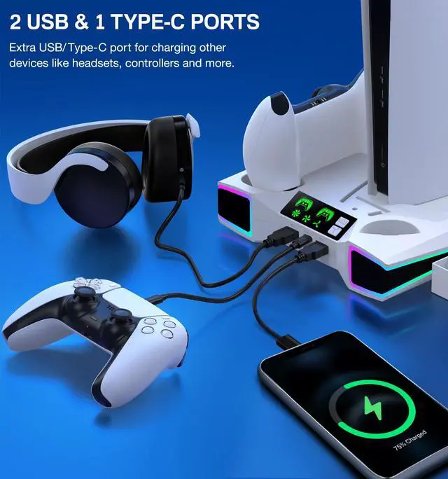 Alt view image 7 of 7 - PS5 Stand, PS5/Slim/Pro Cooling Station with 2.36in Cooling Fan, Controller Charger Station for PS5 Accessories, RGB Light, Headset Holder, 3 Charger Ports for PlayStation 5 Slim/Pro Console