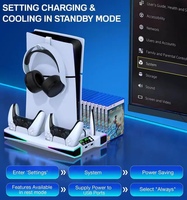 Alt view image 6 of 7 - PS5 Stand, PS5/Slim/Pro Cooling Station with 2.36in Cooling Fan, Controller Charger Station for PS5 Accessories, RGB Light, Headset Holder, 3 Charger Ports for PlayStation 5 Slim/Pro Console