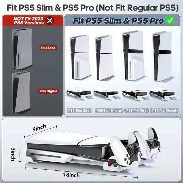 Alt view image 2 of 7 - PS5 Slim/Pro Horizontal Cooling Stand for Disc & Digital, Dual Controller Charger with 3-Level Cooling Fan, PS5 Stand for Pro & Slim Console (NOT Fit 2020 Regular Version), for Sony PSP Consoles