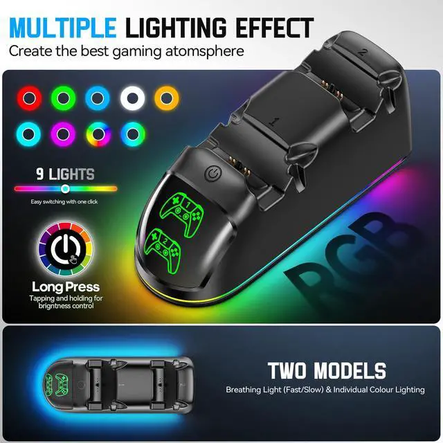 Alt view image 2 of 7 - Controller Charger for PS5, Dual Charging Dock Station for PlayStation 5 Dualsense & Edge with RGB Light, Fast PS5 Dual Controller Charging Station with Cable Black for PlayStation 4 Chargers