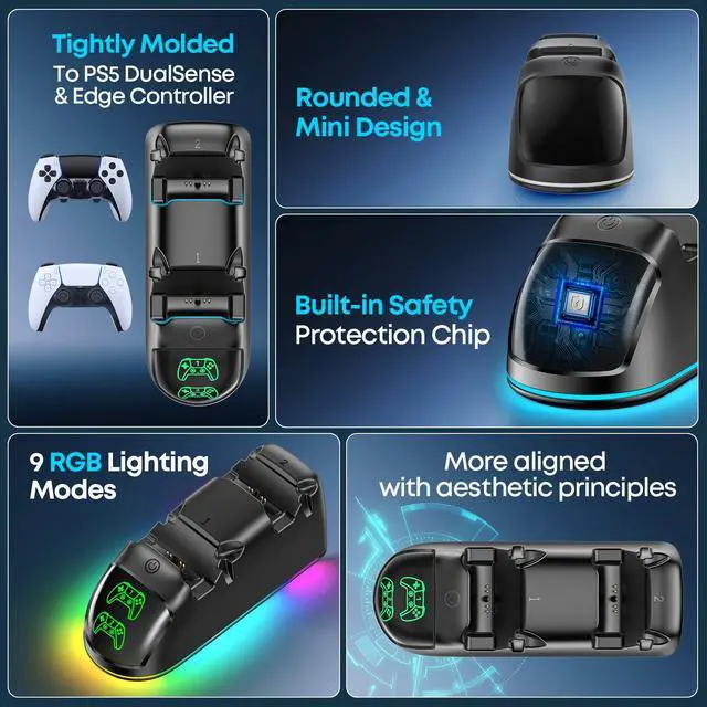 Alt view image 4 of 7 - Controller Charger for PS5, Dual Charging Dock Station for PlayStation 5 Dualsense & Edge with RGB Light, Fast PS5 Dual Controller Charging Station with Cable Black for PlayStation 4 Chargers