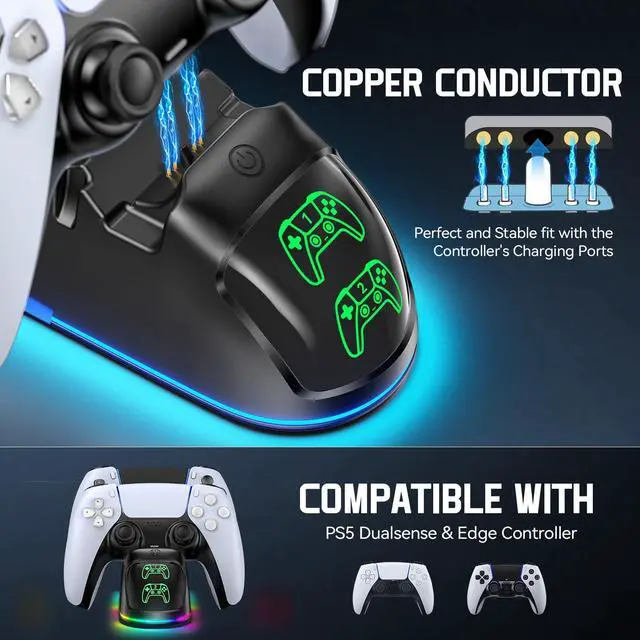 Alt view image 5 of 7 - Controller Charger for PS5, Dual Charging Dock Station for PlayStation 5 Dualsense & Edge with RGB Light, Fast PS5 Dual Controller Charging Station with Cable Black for PlayStation 4 Chargers