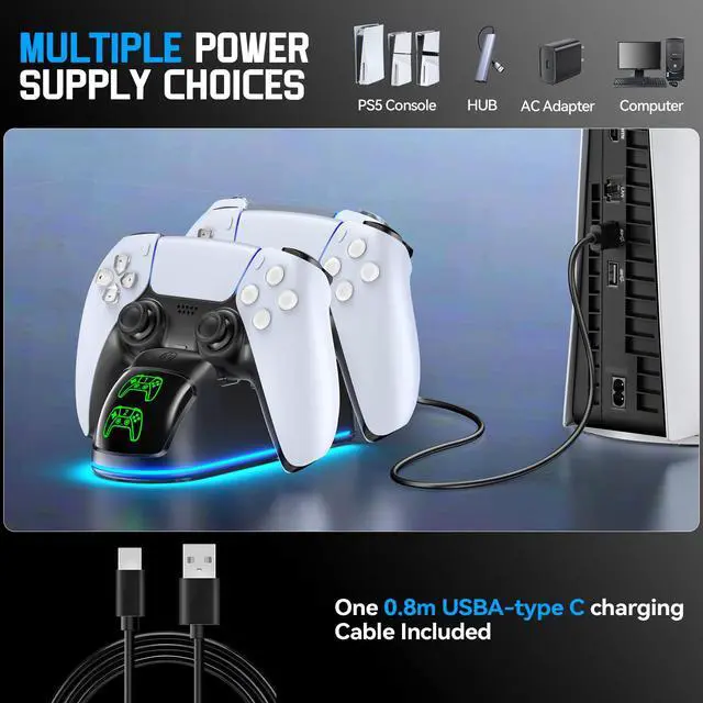 Alt view image 6 of 7 - Controller Charger for PS5, Dual Charging Dock Station for PlayStation 5 Dualsense & Edge with RGB Light, Fast PS5 Dual Controller Charging Station with Cable Black for PlayStation 4 Chargers