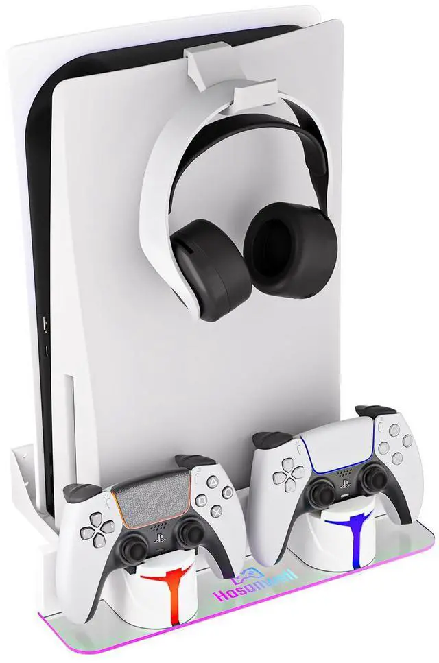 Main image of PS5 Wall Mount Kit with Charging Station, Compatible with PlayStation 5/Slim/Pro Disc & Digital Version, Dual Use Charging Station with Multi-Mode RGB Light, White