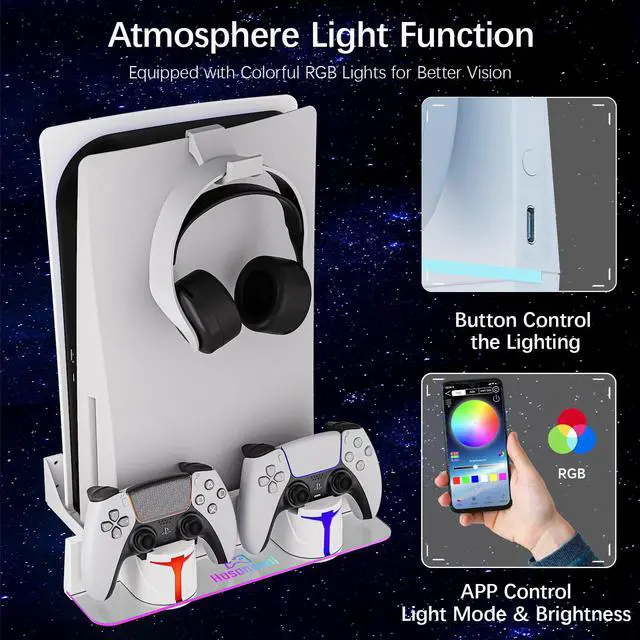 Alt view image 3 of 7 - PS5 Wall Mount Kit with Charging Station, Compatible with PlayStation 5/Slim/Pro Disc & Digital Version, Dual Use Charging Station with Multi-Mode RGB Light, White