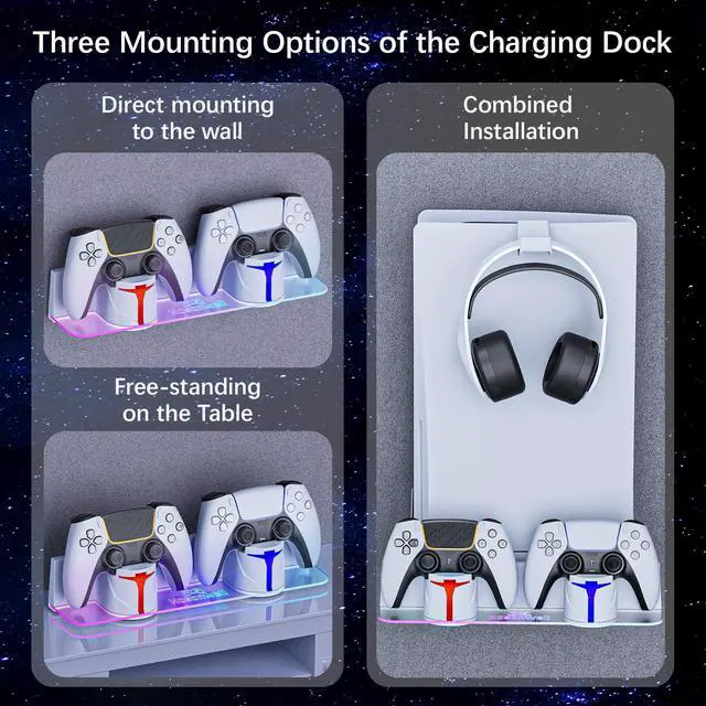 Alt view image 5 of 7 - PS5 Wall Mount Kit with Charging Station, Compatible with PlayStation 5/Slim/Pro Disc & Digital Version, Dual Use Charging Station with Multi-Mode RGB Light, White