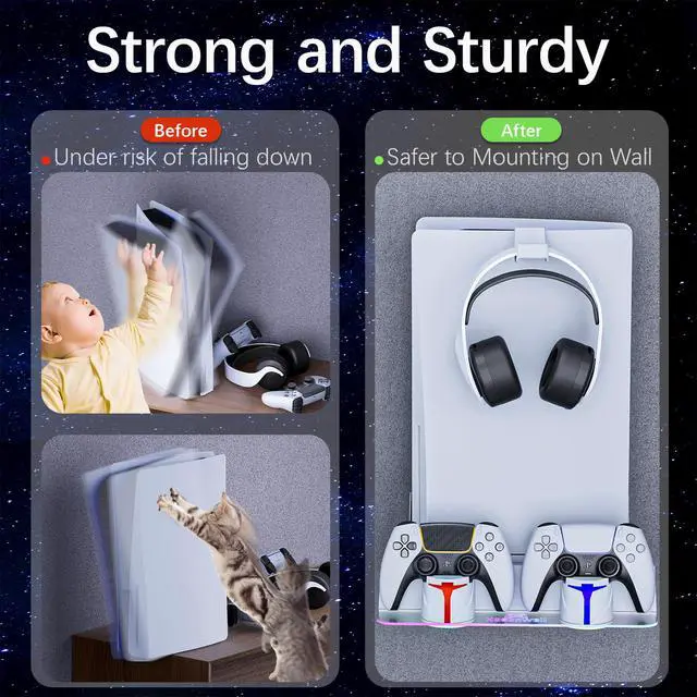 Alt view image 4 of 7 - PS5 Wall Mount Kit with Charging Station, Compatible with PlayStation 5/Slim/Pro Disc & Digital Version, Dual Use Charging Station with Multi-Mode RGB Light, White