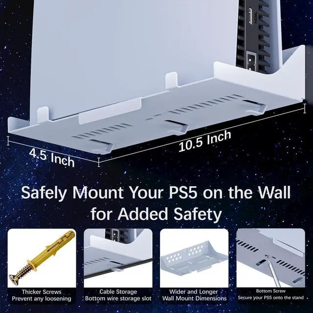 Alt view image 6 of 7 - PS5 Wall Mount Kit with Charging Station, Compatible with PlayStation 5/Slim/Pro Disc & Digital Version, Dual Use Charging Station with Multi-Mode RGB Light, White