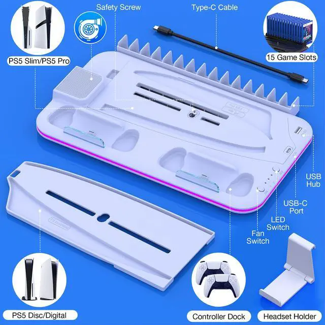 Alt view image 5 of 7 - PS5/Slim/Pro Stand and Cooling Station with Controller Charging Station for Digital/Disc, PS5 Accessories Incl. 3 Levels Cooling Fan, LED Light, 15 Game Storage, Headset Holder for Playsation 5 White