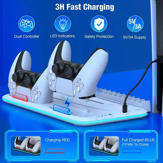 Alt view image 4 of 7 - PS5/Slim/Pro Stand and Cooling Station with Controller Charging Station for PlayStation 5 Slim/Pro Console, PS5 Controller Charger, Cooling Stand, LED Light, Headset Holder for PS5 Accessories, White