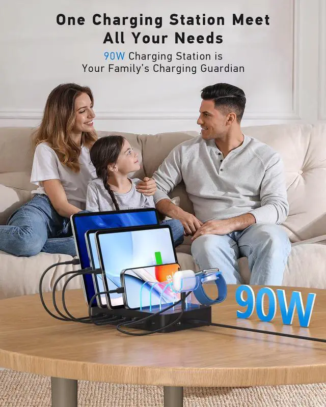 Alt view image 2 of 7 - 90W Charging Station for Multiple Devices, 6 Port Multi USB C Charger Station with 6 Mixed Short Cables,PD 20W Charging Dock for lPhone,Galaxy,iPad,Tablet and More Electronic Devices,Black