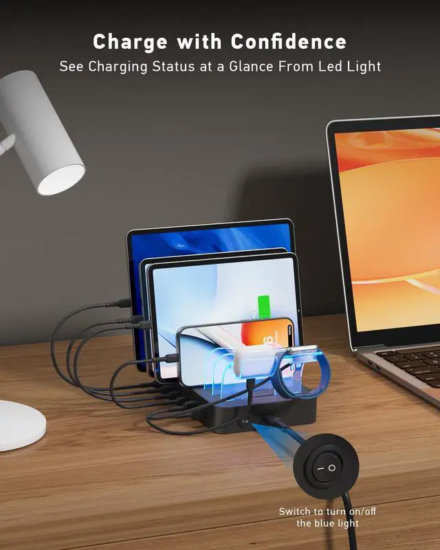 Alt view image 7 of 7 - 90W Charging Station for Multiple Devices, 6 Port Multi USB C Charger Station with 6 Mixed Short Cables,PD 20W Charging Dock for lPhone,Galaxy,iPad,Tablet and More Electronic Devices,Black