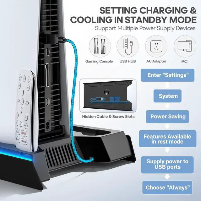 Alt view image 6 of 7 - PS5/Slim/Pro Stand, PS5 Cooling Station Built-in 3-Level Cooling Fan & Fast Charger for Disc & Digital, PS 5 Accessories with Safety Screw and Headset Holder for PlayStation 5 Case