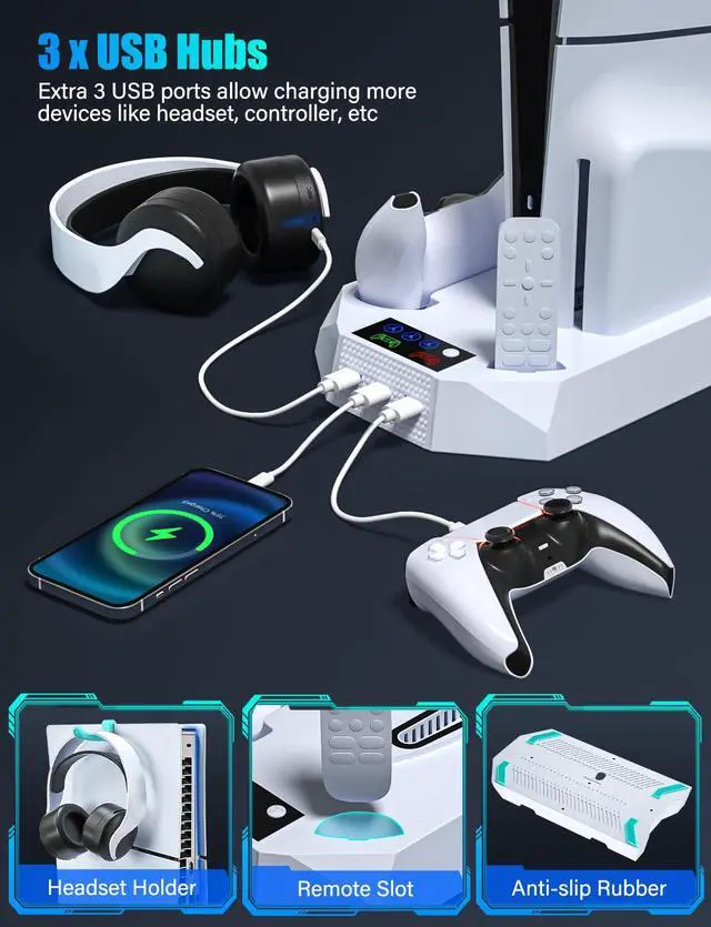 Alt view image 5 of 7 - Cooling Station for PS5/PS5 Slim with Dual Controller Charger, Vertical Cooling Stand for PlayStation 5 Slim with Remote Charging Dock, Accessories Charger kit for PS5 Pro with Cooler Fan, USB Hubs