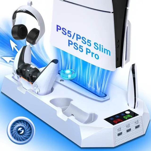Main image of Cooling Station for PS5/PS5 Slim with Dual Controller Charger, Vertical Cooling Stand for PlayStation 5 Slim with Remote Charging Dock, Accessories Charger kit for PS5 Pro with Cooler Fan, USB Hubs
