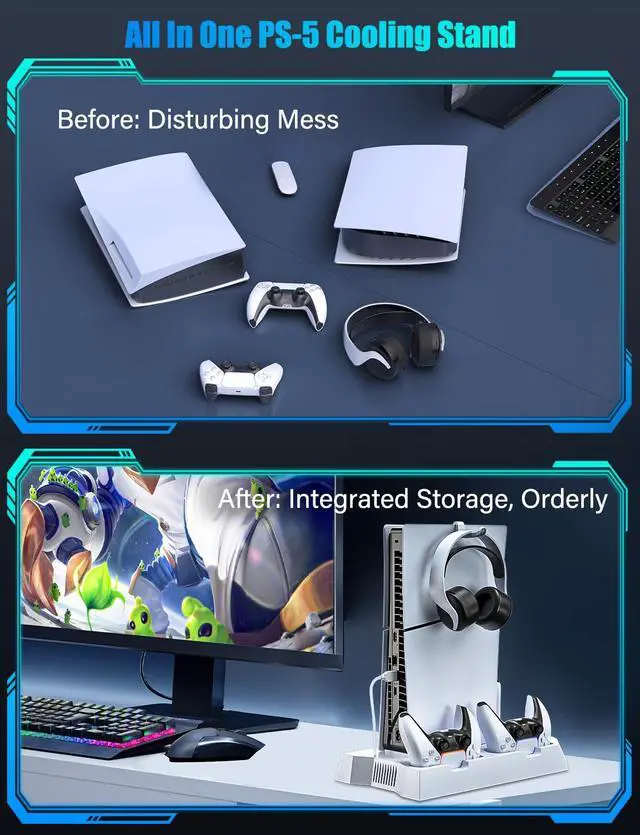 Alt view image 7 of 7 - Cooling Station for PS5/PS5 Slim with Dual Controller Charger, Vertical Cooling Stand for PlayStation 5 Slim with Remote Charging Dock, Accessories Charger kit for PS5 Pro with Cooler Fan, USB Hubs