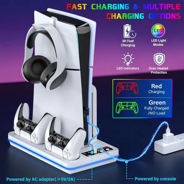 Alt view image 2 of 7 - for PS5/PS5 Slim/PS5 Pro Stand and Dual Controller Charging Station