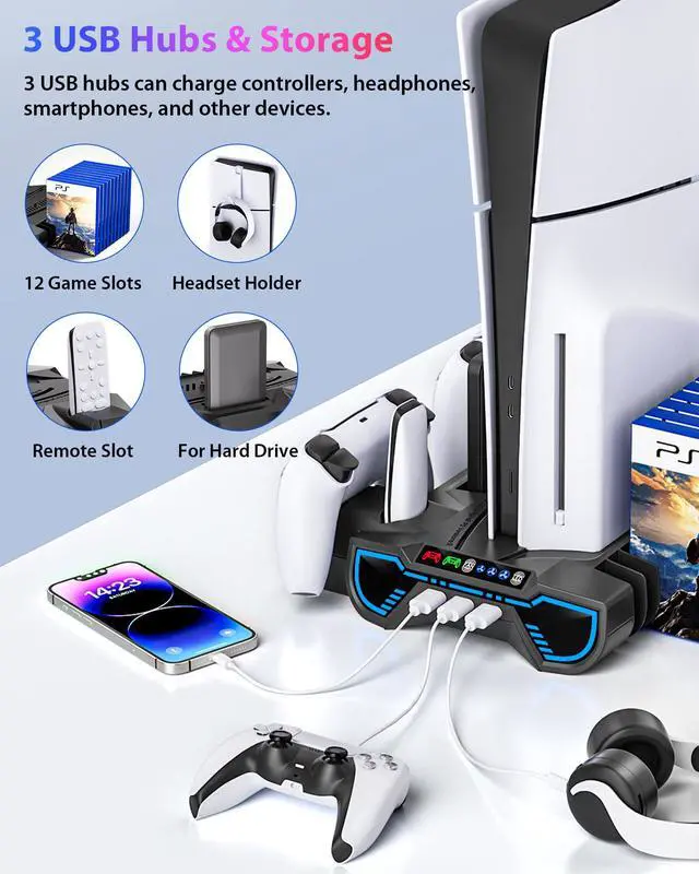Alt view image 4 of 7 - Cooling Station for PS5/Slim/Pro - Controller Charging Station with LED Stand for PlayStation 5 Console - Charger for PS5 Controller, Cooling Stand Accessory Kit-Cooler Fan/Headset Holder, Black