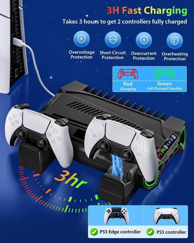 Alt view image 3 of 7 - Cooling Station for PS5/Slim/Pro - Controller Charging Station with LED Stand for PlayStation 5 Console - Charger for PS5 Controller, Cooling Stand Accessory Kit-Cooler Fan/Headset Holder, Black