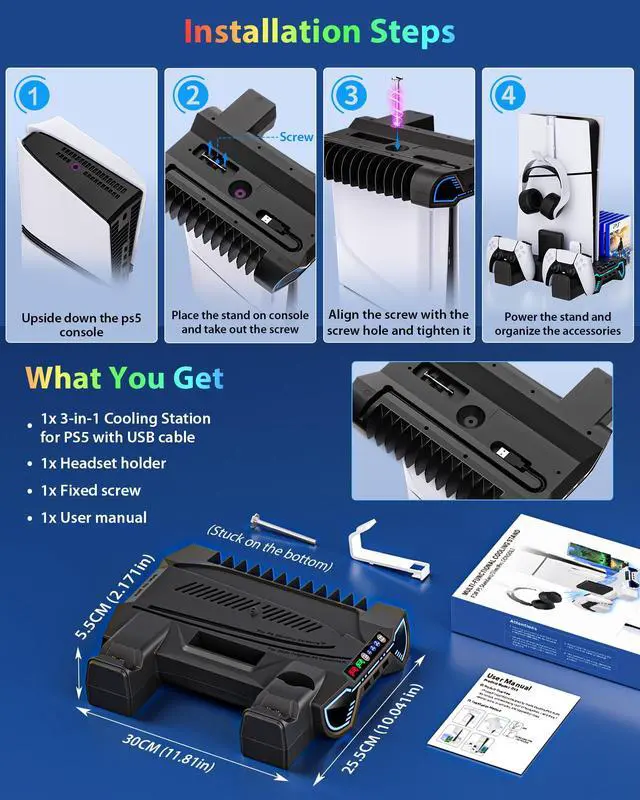 Alt view image 5 of 7 - Cooling Station for PS5/Slim/Pro - Controller Charging Station with LED Stand for PlayStation 5 Console - Charger for PS5 Controller, Cooling Stand Accessory Kit-Cooler Fan/Headset Holder, Black