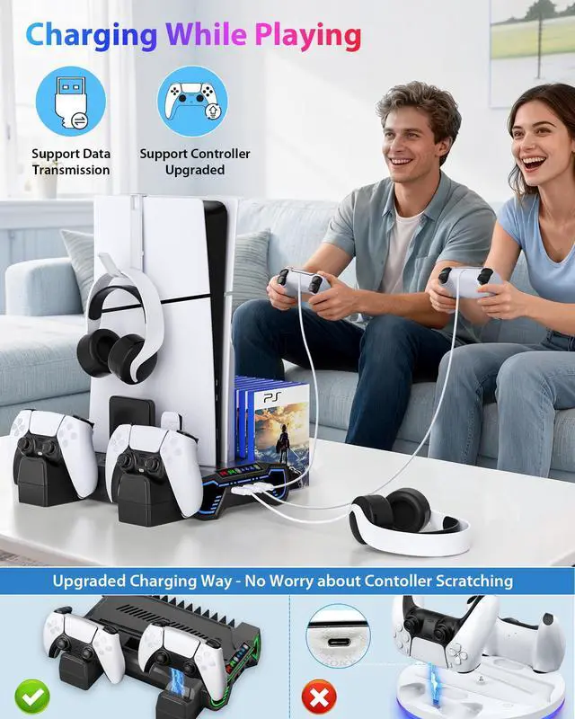 Alt view image 7 of 7 - Cooling Station for PS5/Slim/Pro - Controller Charging Station with LED Stand for PlayStation 5 Console - Charger for PS5 Controller, Cooling Stand Accessory Kit-Cooler Fan/Headset Holder, Black