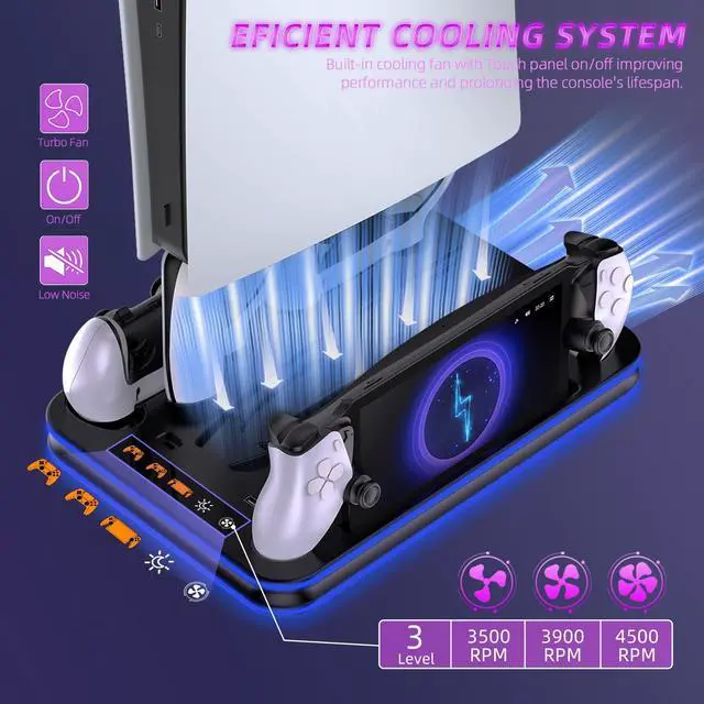 Alt view image 2 of 7 - PS5 Pro/Slim/PS5 Stand and Cooling Station with RGB Lighting,Charging Station for PlayStation Portal & P5 Controller, PS Portal Charger,Headset and Remote Holders (Black)