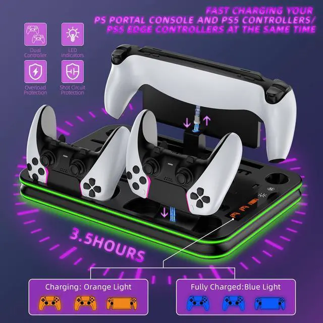 Alt view image 4 of 7 - PS5 Pro/Slim/PS5 Stand and Cooling Station with RGB Lighting,Charging Station for PlayStation Portal & P5 Controller, PS Portal Charger,Headset and Remote Holders (Black)