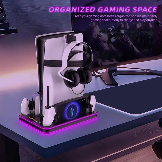 Alt view image 6 of 7 - PS5 Pro/Slim/PS5 Stand and Cooling Station with RGB Lighting,Charging Station for PlayStation Portal & P5 Controller, PS Portal Charger,Headset and Remote Holders (Black)